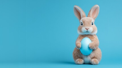 Obraz premium Easter bunny rabbit with blue painted egg on blue background with copy space 