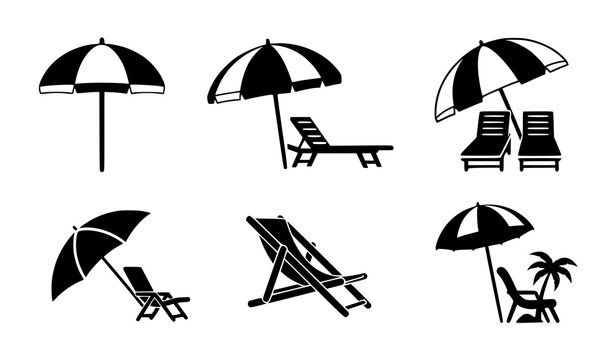Black beach umbrella and lounge chair silhouette icon set