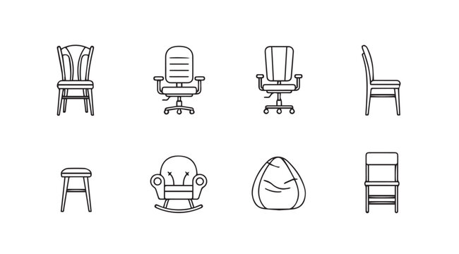 Collection of chair icons various styles line art isolated on white background