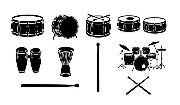 Percussion drum black silhouette vector icon pack