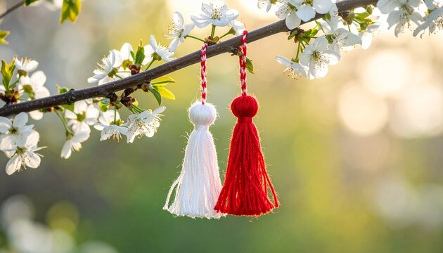 Symbolic spring charm hanging from blossoming tree branch celebrating tradition and cultural heritage of martenitsa.