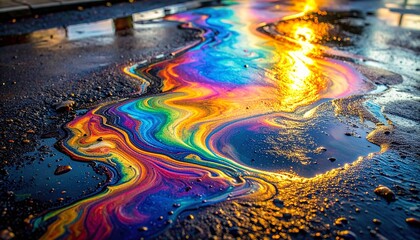 Naklejka premium Iridescent Spill on Asphalt - Abstract Oil Slick with Rainbow Colors and Metallic Sheen.
