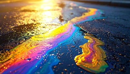 Naklejka premium Iridescent Spill on Asphalt Road Reflecting Sunlight Creates Abstract Colorful Pattern and Texture for Industrial or Environmental Use.