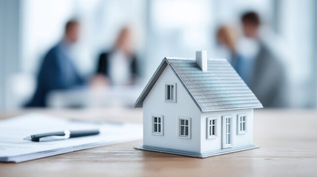 Real estate agent showing a house model to clients during a meeting