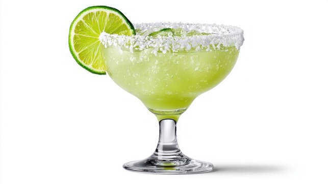 Refreshing frozen margarita with a salt rim and lime garnish on a white background
