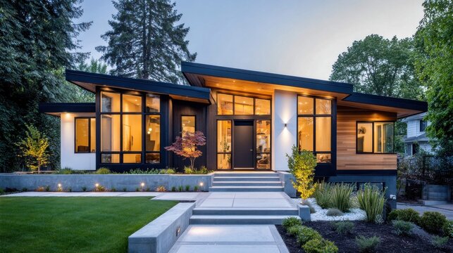 Modern architectural home with large windows and wood accents at dusk
