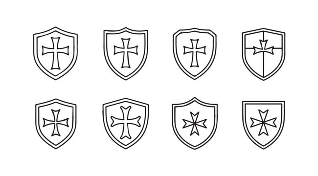 Collection of Heraldic Shields with Crosses and Symbols on White Background Vector Icons