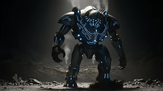 Futuristic Robot Standing in Dark Environment.