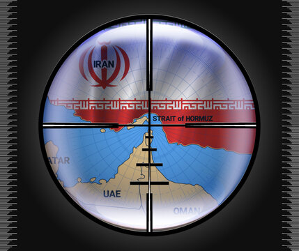 Vector map of Islamic Republic of Iran in colors of national flag and Strait of Hormuz. Black military optical sight. Aim. Reflections. Iranian