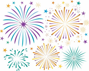 Colorful firework explosions scattered across a bright white background