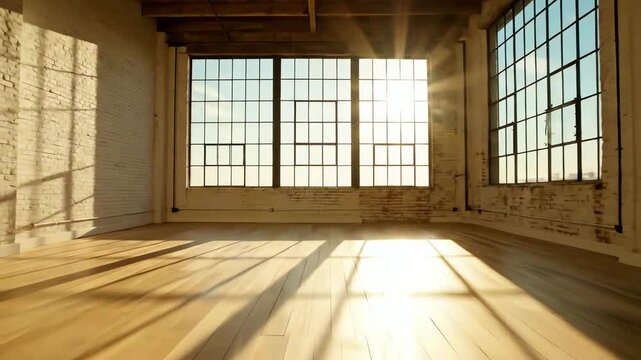 Front view of sunny empty loft interior room with wooden floor motion. 4k resolution video 30fps.