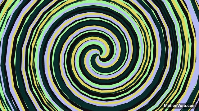 Vibrant spiral pattern with multicolored stripes in shades of green, yellow, and black on a white background.