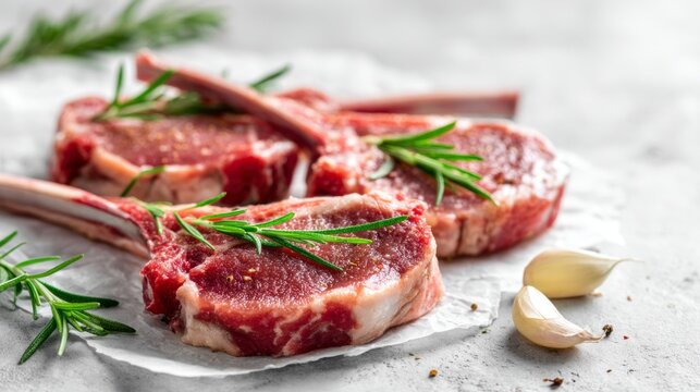 Savor the sight of tender lamb cutlets resting on parchment, adorned with fresh rosemary and whole garlic cloves, perfect for a flavorful grilling session in the sunny backyard