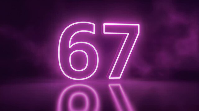 Glowing neon number sixty-seven animation on purple background with reflective surface, symbolizing countdown, milestone, or special event