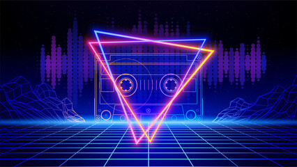 Retro futuristic abstract background. Synthwave 80s style poster. Neon triangle, compact cassette, 3d laser grid, audio signal waveform, wireframe mountain, mesh floor. Music template. Vector © valerybrozhinsky