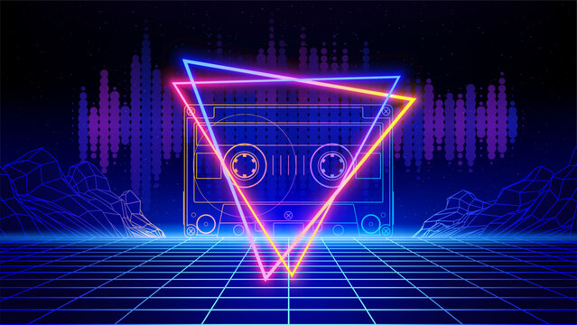 Retro futuristic abstract background. Synthwave 80s style poster. Neon triangle, compact cassette, 3d laser grid, audio signal waveform, wireframe mountain, mesh floor. Music template. Vector