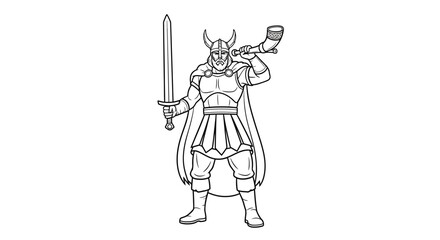 Fototapeta premium Viking Warrior with Sword and Horn, Outline Drawing, Medieval Fighter, Norse Mythology