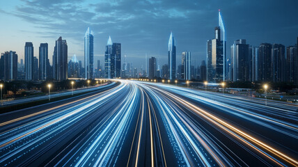Obraz premium Modern city skyline with illuminated skyscrapers and light trails on urban bridge at dusk