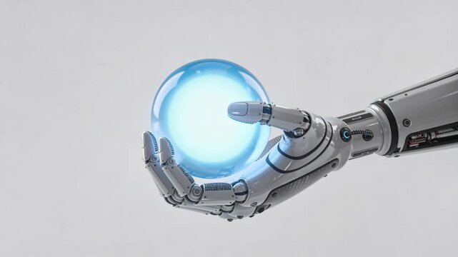 Robotic hand holding a glowing sphere. Artificial intelligence and innovative technology concept. Creative future and digital development idea.