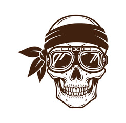 smiling skull wearing goggles and bandana on head