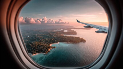 Fototapeta premium View from airplane window of tropical islands and ocean at sunset