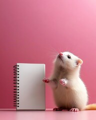 Cute white rat with a blank notebook.