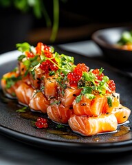 Delicious salmon dish with fresh garnishes.