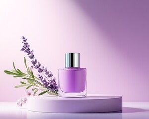 Lavender perfume bottle on purple background.