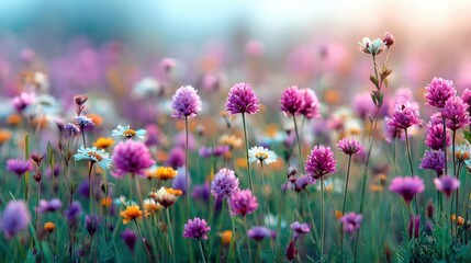Fototapeta premium Vibrant meadow filled with diverse wildflowers in soft, dreamy bokeh lighting
