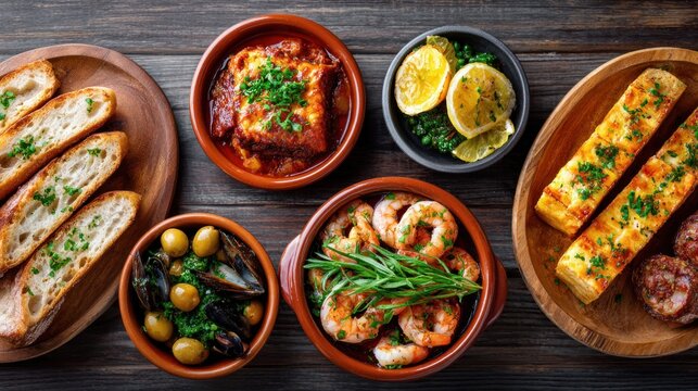 Delicious Spanish tapas spread with bread, shrimp, mussels, and olives on a wooden table