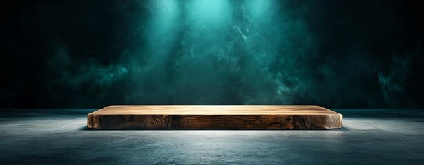 Minimalistic wooden platform with dramatic lighting.