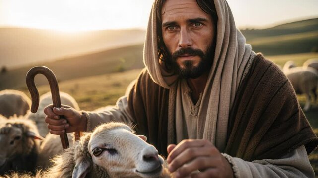 Jesus holds a gentle lamb, symbolizing Jesus as the Good Shepherd. A Christian concept for religious education, Easter, or faith-based messaging.	
