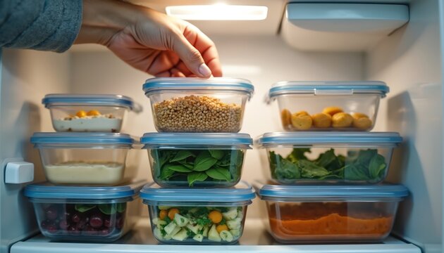 Hand places clear plastic food containers filled with meals in opened fridge. Organized food prep saves time for busy individuals and families wanting healthy dinners.