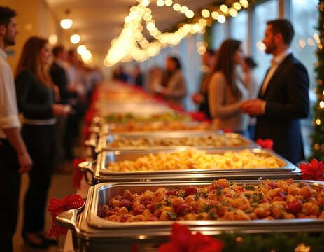 People wait in line for buffet food at a festive indoor party. Catering service offers hot dishes in chafing pans under warm bokeh lights. Guests enjoy a social gathering during dinner celebration.