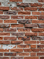 Obraz premium Close-Up View Of An Old And Weathered Red Brick Wall With Visible Cracks And Imperfections