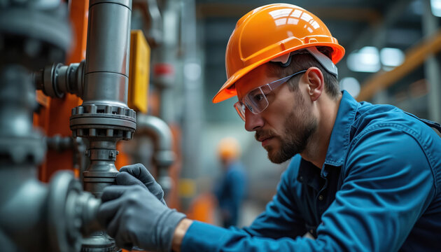 Man in safety helmet and glasses inspects complex pipe system. Skilled worker examines industrial machinery in factory. Focused technician works on equipment with gloved hands.
