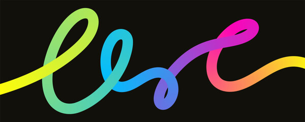 Abstract neon squiggle line flowing in smooth curvy loops with vibrant rainbow gradient on black background