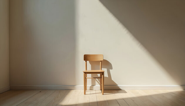 Single wooden chair stands in empty room facing wall. Sunlight casts shadow from window on floor. Minimalist interior design, clean space, peaceful atmosphere.
