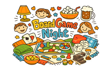 Board Game Fun. Board Game Night. Hand - drawn doodle illustration of Board Game Night. Board game, dice,