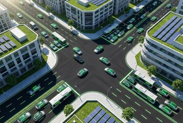Aerial drone view of solar powered cars in a smart city with glowing blue road lines