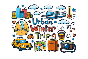 Naklejka premium Urban Winter Adventure Urban Winter Trip Hand drawn doodle illustration of Urban Winter Trip City buildings