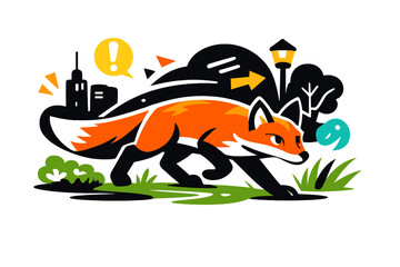 Naklejka premium Urban Fox Adventure . Urban Wildlife Without Snow . Fox moving through city parks on grass notice , alert eyes