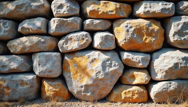 Rough stacked natural stone wall exterior background. Big grey and orange rough hewn rocks form a rustic textured barrier. Natural daylight creates shadow patterns on rough surfaces.