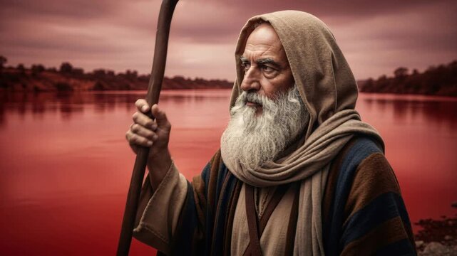 Old man Moses looking at the red river in Egypt. First plague of blood, concept for religious illustration and biblical story.	

