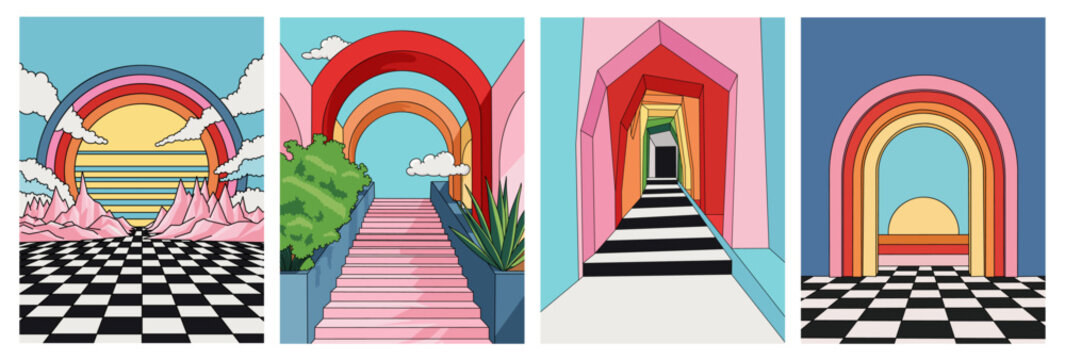 Set of Modern Boho Abstract Covers with Surreal Arch Doorways and Colorful Geometric Backgrounds, Retro Concept Poster Vector Illustration Collection