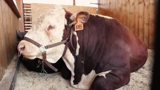 Portrait cow bull in wooden barn stall with ear tag and nose ring for livestock farming.
