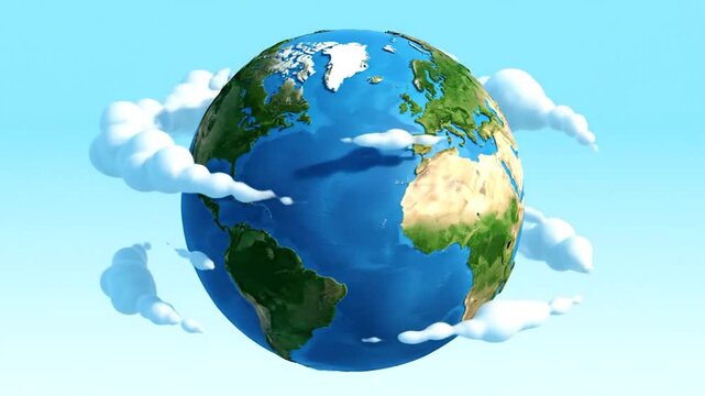 A cartoon Earth surrounded by puffy white clouds floating in a light blue sky