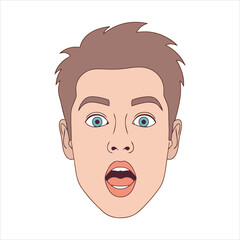 A cartoon man's surprised face with wide eyes and open mouth on a plain background