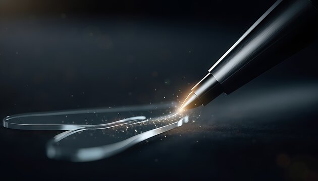 Closeup of robotic surgery instrument tip creating sparks during procedure with dark background.