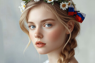 Naklejka premium Russia Day or Day of Family, Love, and Fidelity. A portrait of a beautiful girl with a wreath of daisies on her head and ribbons in the colors of the Russian flag.